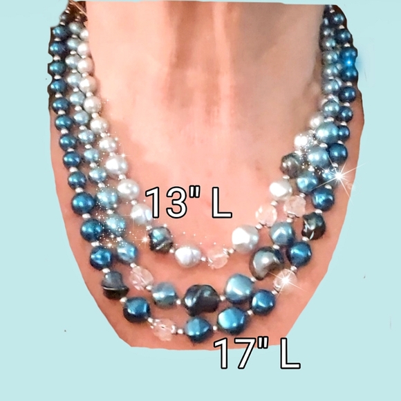 Gradient Shades of Blue Lustrous Pearlessence Beads Multi-strand Necklace - Picture 7 of 11